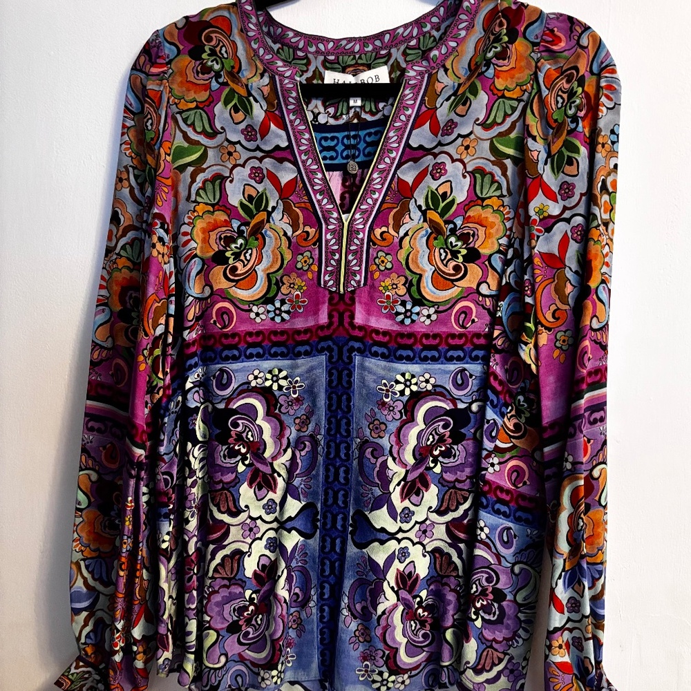 Hale Bob Women’s Silk Blouse Multi Color Long Sleeves VNeck Medium
